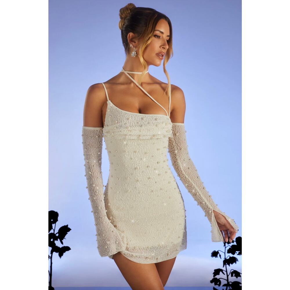 Oh Polly Soho Embellished Asymmetric Corset Mini Dress in Ivory Size US 6